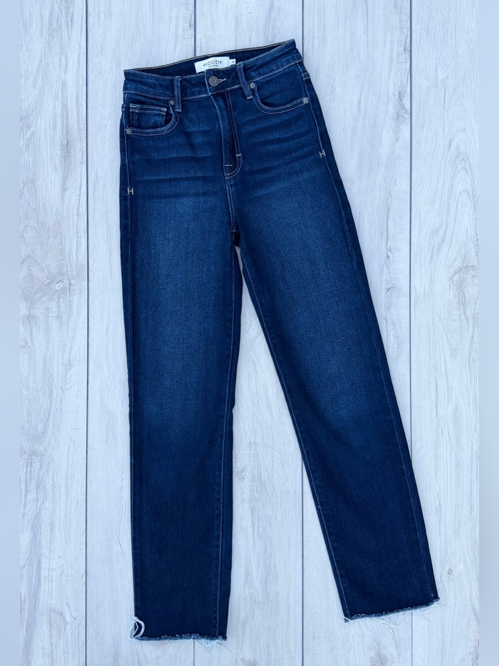 Hidden Jeans Straight Leg Deep Indigo Raw Hem High Rise 24 Baddie Y2K Minimalist - Picture 2 of 13